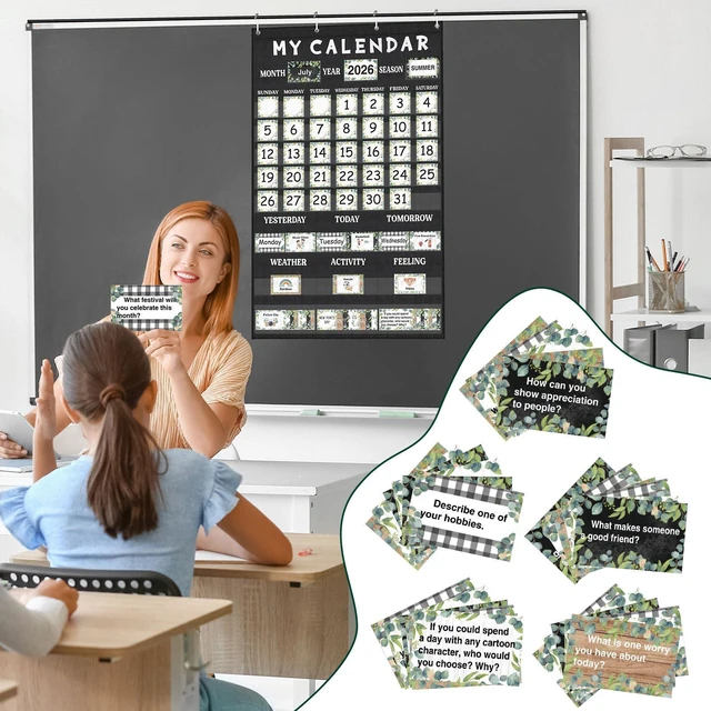 Alt view image 5 of 6 - Eucalyptus Classroom Calendar Pocket Chart Bulletin Board Set Decor Calendar Bulletin Board Set with Pocket Season Festival Weather Calendar Pocket Chart for Back to School Classroom Supplies