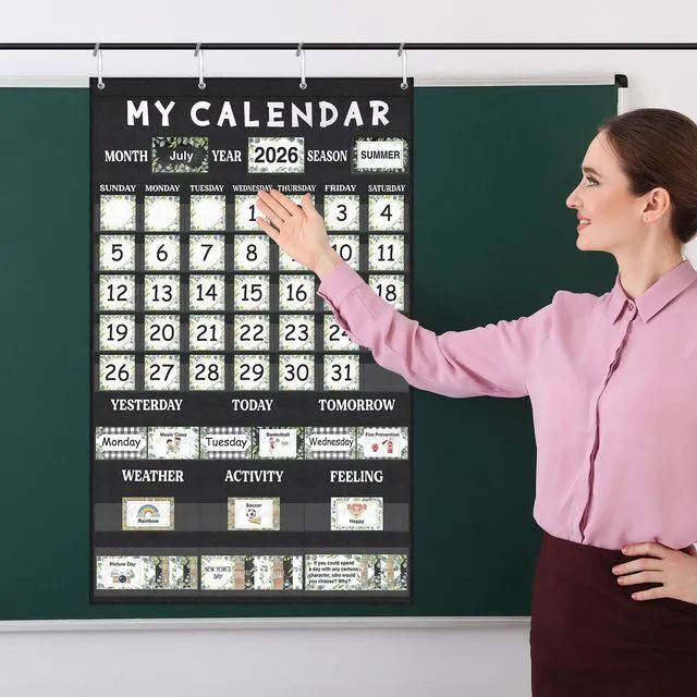 Alt view image 6 of 6 - Eucalyptus Classroom Calendar Pocket Chart Bulletin Board Set Decor Calendar Bulletin Board Set with Pocket Season Festival Weather Calendar Pocket Chart for Back to School Classroom Supplies