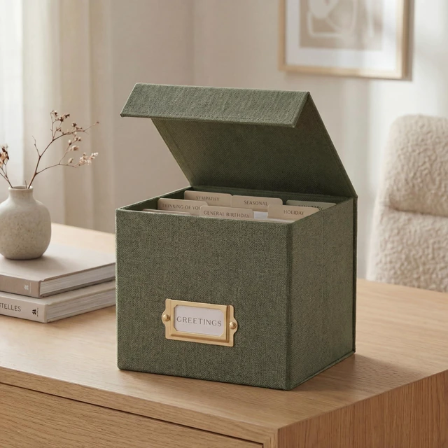 Main image of Beautiful Greeting Card Organizer Box With Dividers Holds Up to 300 Cards Sturdy Linen Storage Box Easily Organizes Small or Large Greetings in Style - Cute Holder Keeps Them Safe