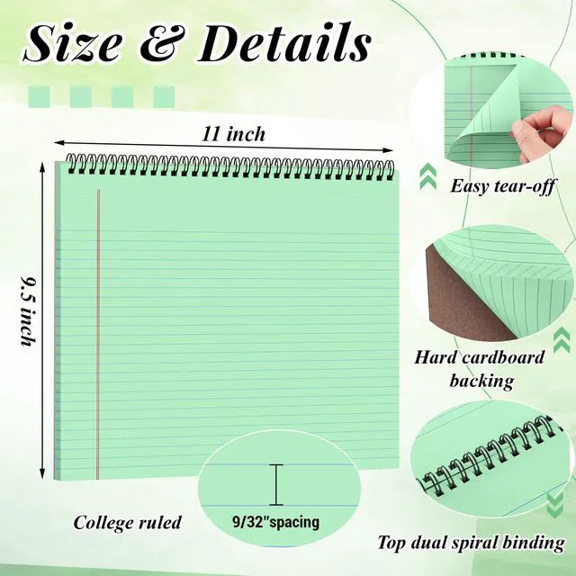 Alt view image 2 of 6 - 4 Landscape Legal Pad 11 x 9.5 College Ruled Top Spiral Horizontal Notebook 4 Green Pads, 40 Sheets Each, Hole Punched Pages, Simple Color Coding for Classes, Projects, Meetings and Daily Note Taking