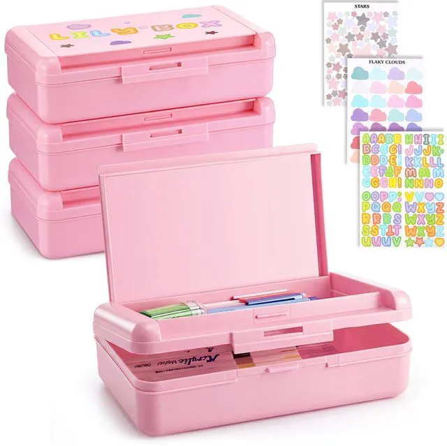 Main image of 4 Pcs Double Layer Plastic Pencil Box with 3 Stickers,Solid Pink Large Capacity Pencil Case for Kids Girl Boy Back to School Supplies Hard Crayon Organizer with Snap-tight Lid for Art Craft