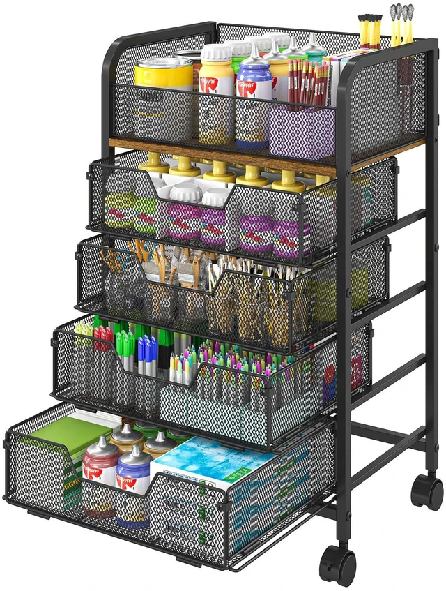 Main image of 5-Tier Craft Cart with Wheels-Rolling Storage Cart with Drawers,Rolling Utility Cart with DIY Divider,Art Supply Organizer Cart,Rolling Cart with Drawers,Craft Organizers and Storage,Black