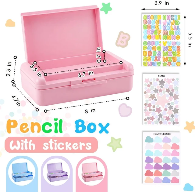Alt view image 2 of 7 - 4 Pcs Double Layer Plastic Pencil Box with 3 Stickers,Solid Pink Large Capacity Pencil Case for Kids Girl Boy Back to School Supplies Hard Crayon Organizer with Snap-tight Lid for Art Craft