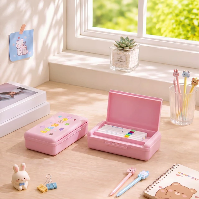 Alt view image 4 of 7 - 4 Pcs Double Layer Plastic Pencil Box with 3 Stickers,Solid Pink Large Capacity Pencil Case for Kids Girl Boy Back to School Supplies Hard Crayon Organizer with Snap-tight Lid for Art Craft