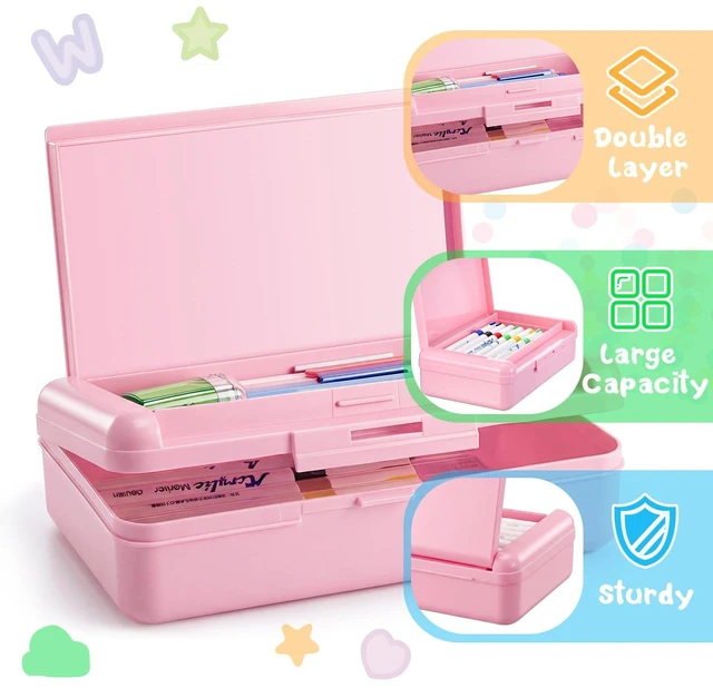 Alt view image 3 of 7 - 4 Pcs Double Layer Plastic Pencil Box with 3 Stickers,Solid Pink Large Capacity Pencil Case for Kids Girl Boy Back to School Supplies Hard Crayon Organizer with Snap-tight Lid for Art Craft