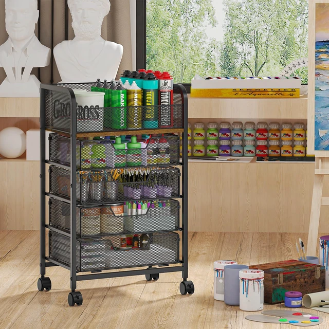 Alt view image 3 of 7 - 5-Tier Craft Cart with Wheels-Rolling Storage Cart with Drawers,Rolling Utility Cart with DIY Divider,Art Supply Organizer Cart,Rolling Cart with Drawers,Craft Organizers and Storage,Black