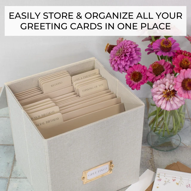 Alt view image 2 of 7 - Beautiful Greeting Card Organizer Box With Dividers Holds Up to 300 Cards Sturdy Linen Storage Box Easily Organizes Small or Large Greetings in Style - Cute Holder Keeps Them Safe