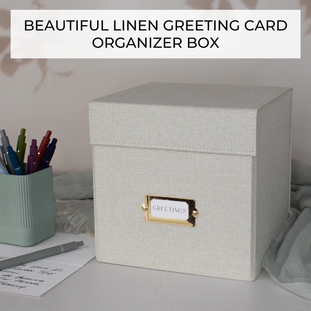 Alt view image 6 of 7 - Beautiful Greeting Card Organizer Box With Dividers Holds Up to 300 Cards Sturdy Linen Storage Box Easily Organizes Small or Large Greetings in Style - Cute Holder Keeps Them Safe