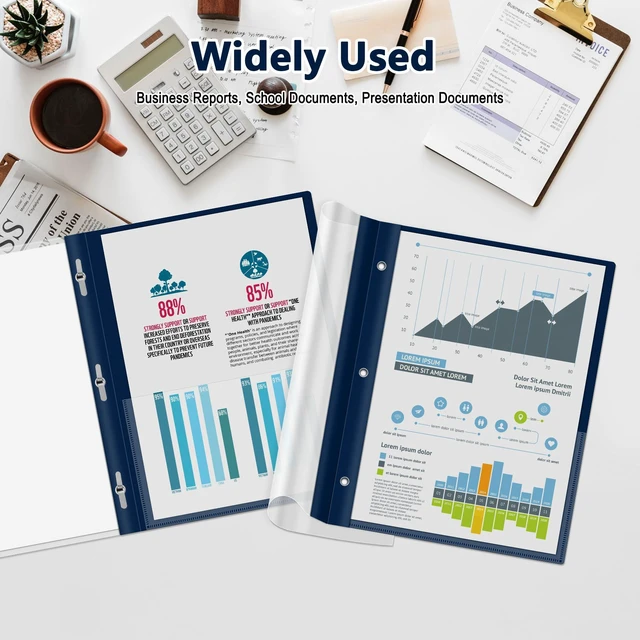 Alt view image 5 of 7 - 30 Packs Clear Front Report Covers with 3-Prong Fasteners Plastic Project Presentation Folders Resume Document Covers with Navy Blue Back for 8.5x11 Letter Size Paper for School Office Business