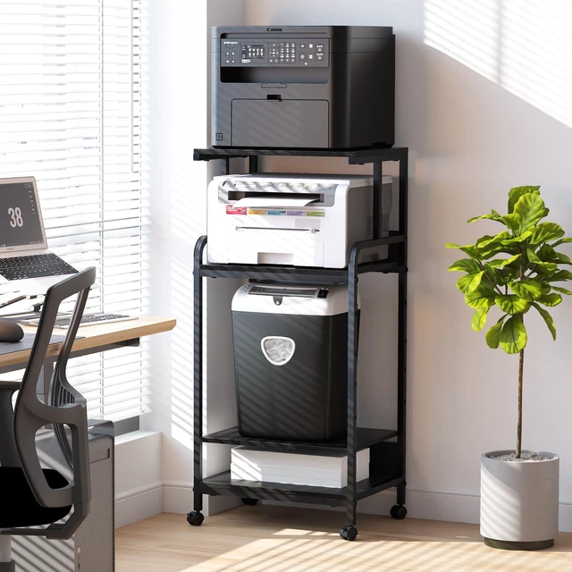 Alt view image 3 of 7 - 4 Tier Stand with Storage Shelf, Tall Mobile Printer Table for Home Office, Adjustable Stands for Heat Press Scanner Fax (Black)