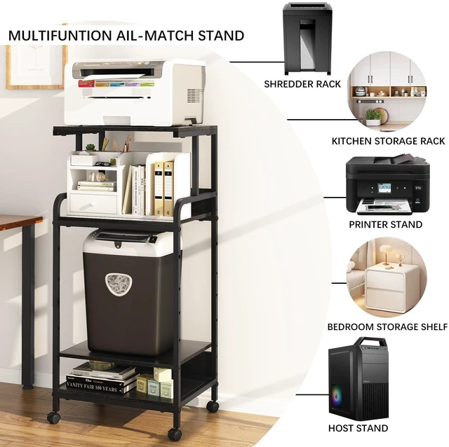 Alt view image 6 of 7 - 4 Tier Stand with Storage Shelf, Tall Mobile Printer Table for Home Office, Adjustable Stands for Heat Press Scanner Fax (Black)