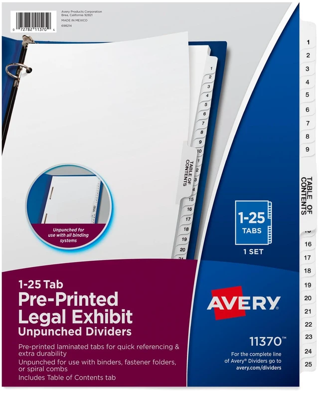 Main image of Premium Collated Legal Exhibit Binder Dividers with Tabs,1-25 and Table of Contents,8.5 x 11 Inches,Binder Divider with Tabs, Style (11370),(Pack of 12)