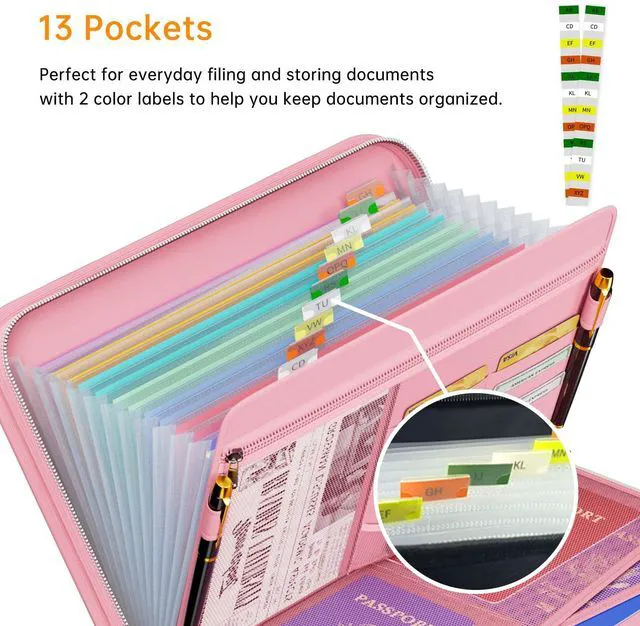 Alt view image 2 of 7 - Fireproof Accordion File Organizer, 13 Pocket Expanding File Folder Document Organizer with Handle, File Folder with Multi-Pockets Paper Organizer for A4 File, Pink