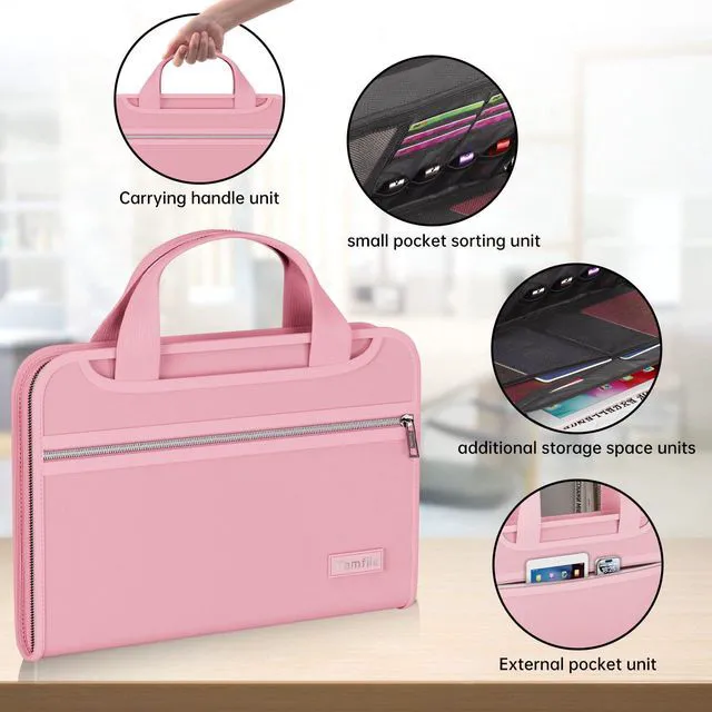 Alt view image 5 of 7 - Fireproof Accordion File Organizer, 13 Pocket Expanding File Folder Document Organizer with Handle, File Folder with Multi-Pockets Paper Organizer for A4 File, Pink