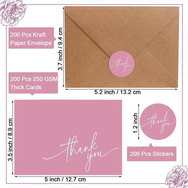 Alt view image 2 of 7 - 200 Pcs Thank You Cards with Envelopes Stickers, 3.5x5", Pink Folded Blank Thank You Notes Bulk, Kraft Envelopes and Stickers, for Wedding Business Graduation Baby Shower Bridal Shower