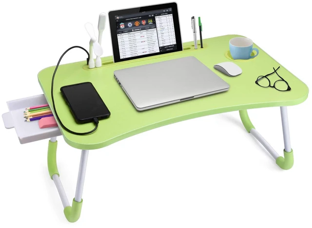 Main image of Bed Desk for Laptop and Writing with Storage, Cup Holder, Light Fan, Pen Holder,Tablet Holder,Foldable, for Bed, Couch, Floor, Portable,Green