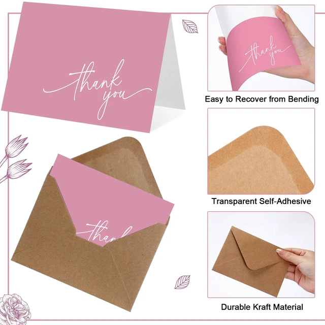 Alt view image 3 of 7 - 200 Pcs Thank You Cards with Envelopes Stickers, 3.5x5", Pink Folded Blank Thank You Notes Bulk, Kraft Envelopes and Stickers, for Wedding Business Graduation Baby Shower Bridal Shower