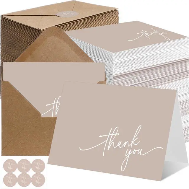 Main image of 200 Pcs Thank You Cards with Envelopes Stickers, 3.5x5", Khaki Folded Blank Thank You Notes Bulk, Kraft Envelopes and Stickers, for Wedding Business Graduation Baby Shower Bridal Shower