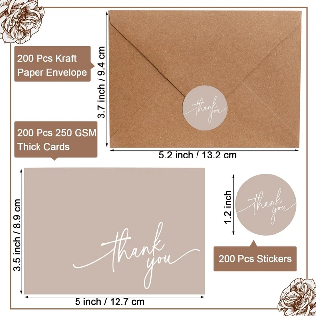Alt view image 2 of 7 - 200 Pcs Thank You Cards with Envelopes Stickers, 3.5x5", Khaki Folded Blank Thank You Notes Bulk, Kraft Envelopes and Stickers, for Wedding Business Graduation Baby Shower Bridal Shower