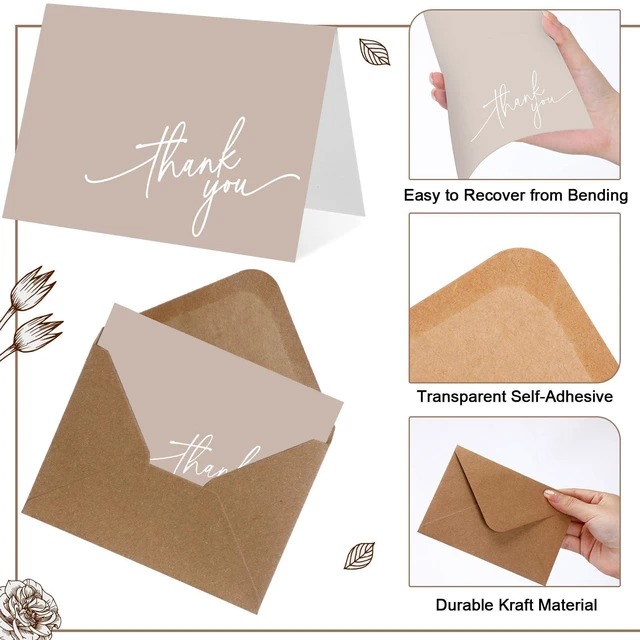 Alt view image 3 of 7 - 200 Pcs Thank You Cards with Envelopes Stickers, 3.5x5", Khaki Folded Blank Thank You Notes Bulk, Kraft Envelopes and Stickers, for Wedding Business Graduation Baby Shower Bridal Shower