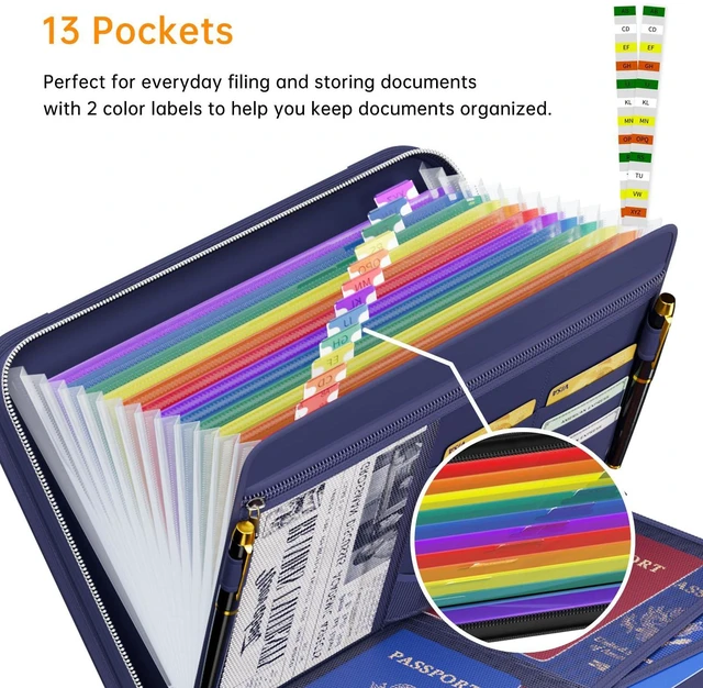 Alt view image 3 of 7 - Fireproof Accordion File Organizer, Expanding File Folder, Blue 13 Pocket Colorful, Handle, Zipper & Labels, Multi-Pockets Paper Organizer, for Letter A4 Files, Home, Office, School