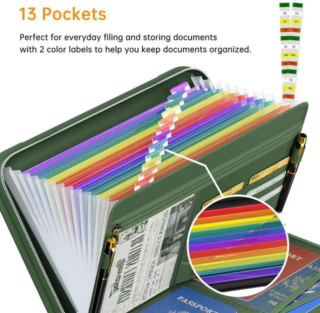 Alt view image 3 of 7 - Fireproof Accordion File Organizer, Expanding File Folder, Green 13 Pocket Colorful, Handle, Zipper & Labels, Multi-Pockets Paper Organizer, for Letter A4 Files, Home, Office, School