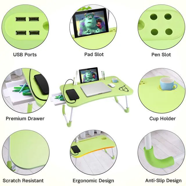 Alt view image 5 of 7 - Bed Desk for Laptop and Writing with Storage, Cup Holder, Light Fan, Pen Holder,Tablet Holder,Foldable, for Bed, Couch, Floor, Portable,Green