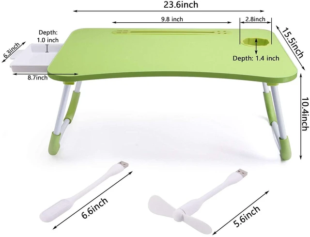 Alt view image 6 of 7 - Bed Desk for Laptop and Writing with Storage, Cup Holder, Light Fan, Pen Holder,Tablet Holder,Foldable, for Bed, Couch, Floor, Portable,Green
