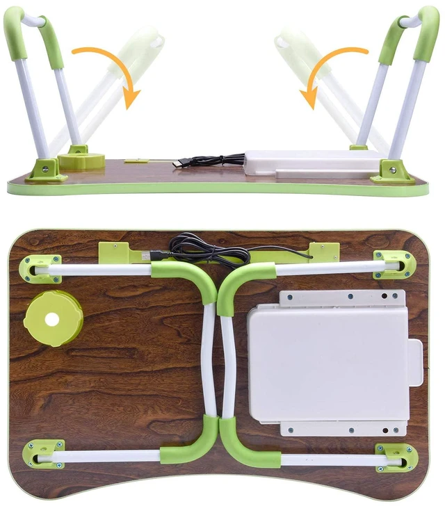 Alt view image 7 of 7 - Bed Desk for Laptop and Writing with Storage, Cup Holder, Light Fan, Pen Holder,Tablet Holder,Foldable, for Bed, Couch, Floor, Portable,Green