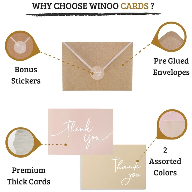 Alt view image 2 of 7 - 100 PK Bulk Thank You Cards with Envelopes - 5 x 3.5 Inches Wedding Cards Baby Shower Bridal Shower Personalized Thank You Notes for Small Business Graduation Funeral Birthday (2 colors)