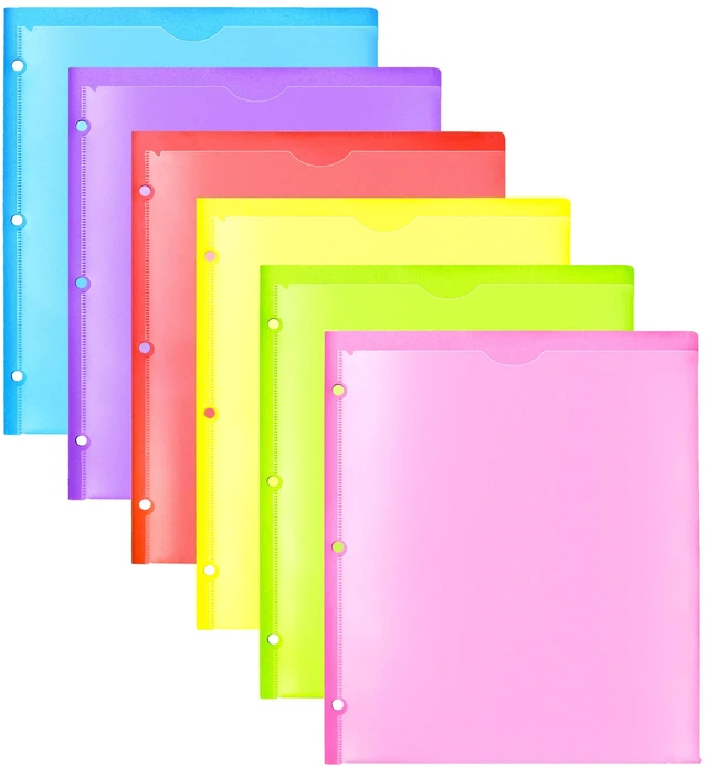 Main image of Heavy Duty Plastic Folders with Clear Front Pocket - 6PCS, 3 Pockets Folders with 3 Holes Fits 3 Ring Binder, Includes Card Slot, for Letter Size Sheets, Assorted Bright Colors