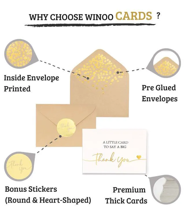 Alt view image 2 of 7 - 100 PK Luxurious Gold Thank You Cards with Envelopes Bulk - 5x3.5 Inches Wedding Thank You Notes Baby Shower Greenery Bridal Shower Small Business (WHITE)