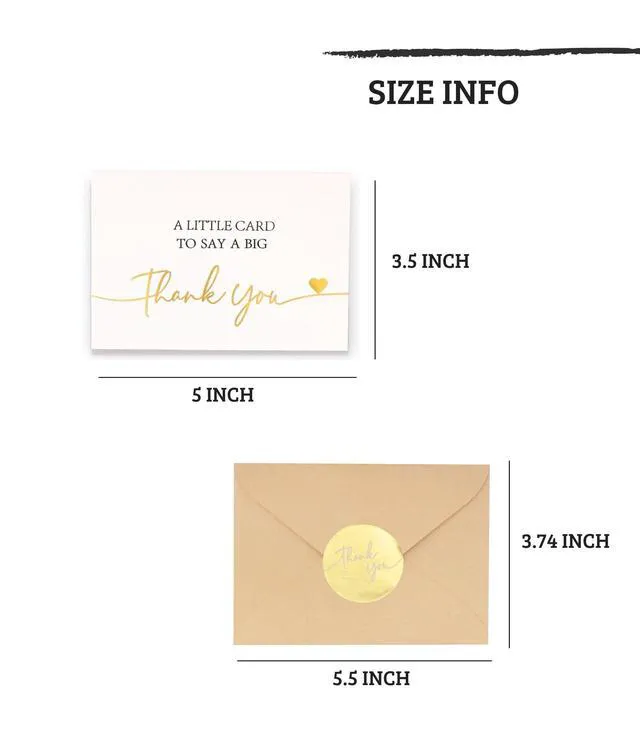 Alt view image 3 of 7 - 100 PK Luxurious Gold Thank You Cards with Envelopes Bulk - 5x3.5 Inches Wedding Thank You Notes Baby Shower Greenery Bridal Shower Small Business (WHITE)