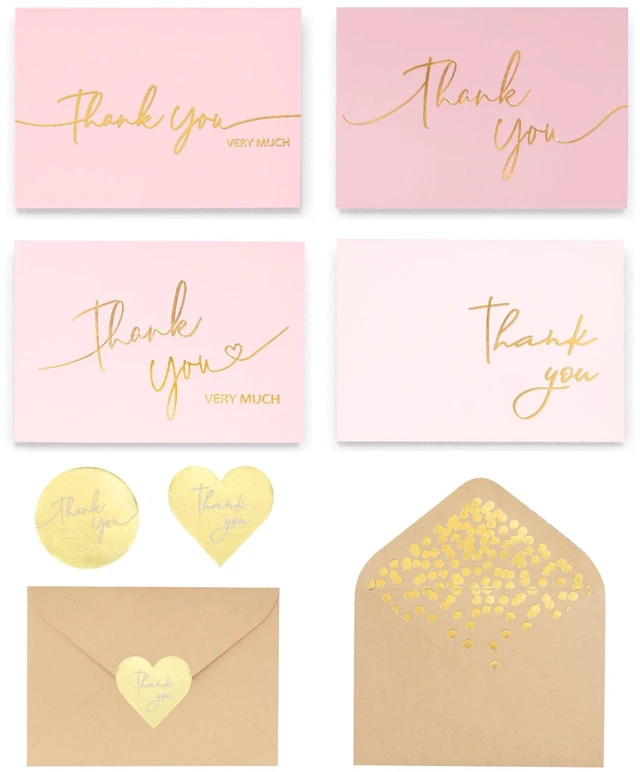 Main image of 100 PK Pink and Gold Thank You Cards with Envelopes Bulk - 5 x 3.5 Inches Personalized Thank You Notes for Baby Shower Wedding Small Business Graduation Funeral Birthday