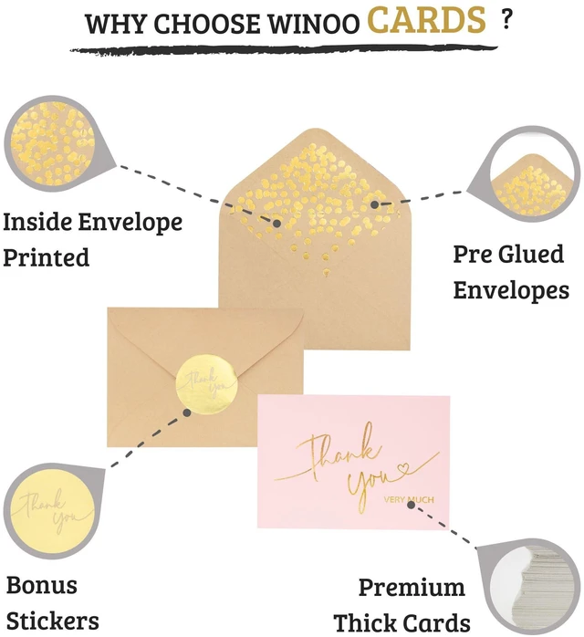 Alt view image 2 of 7 - 100 PK Pink and Gold Thank You Cards with Envelopes Bulk - 5 x 3.5 Inches Personalized Thank You Notes for Baby Shower Wedding Small Business Graduation Funeral Birthday