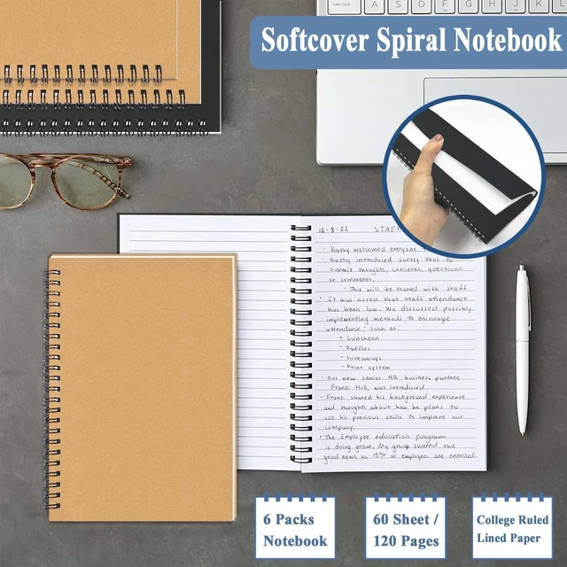 Alt view image 5 of 7 - 6Pack Small Spiral Notebook A5, 8.25x5.5 120 Lined Pages Wide Ruled Spiral Journal Bulk Blank Kraft Cover Spiral Bound Notebook & Writing Pads for Home Office Meeting Work Note Taking