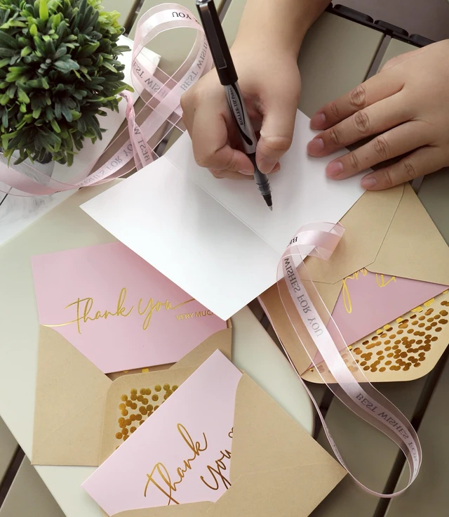 Alt view image 6 of 7 - 100 PK Pink and Gold Thank You Cards with Envelopes Bulk - 5 x 3.5 Inches Personalized Thank You Notes for Baby Shower Wedding Small Business Graduation Funeral Birthday