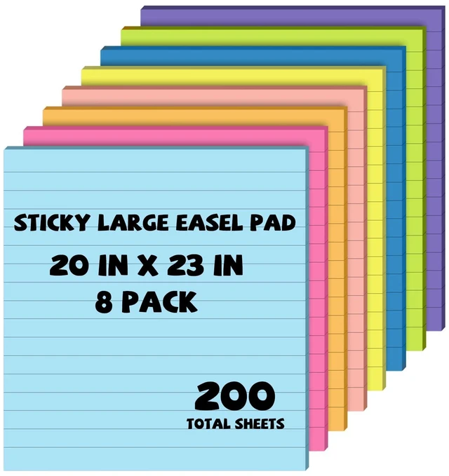 Main image of 8 Pack Post Sticky Easel Pad Anchor Chart Paper 200 Sheets Post Chart Paper, Sticky Easel Pads, 8 Assorted Bright Colors, Large Sticky Note, Office Classroom Supplies