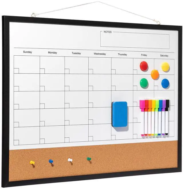 Main image of Dry Erase Calendar Whiteboard, 24" x 18" Magnetic Whiteboard Cork Board Combo, Reusable Monthly Planner with 8 Markers, Eraser, Magnets and Pushpins, Hanging Dry Erase Board for Home, School - Black
