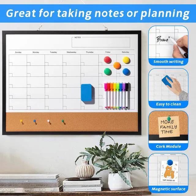 Alt view image 3 of 7 - Dry Erase Calendar Whiteboard, 24" x 18" Magnetic Whiteboard Cork Board Combo, Reusable Monthly Planner with 8 Markers, Eraser, Magnets and Pushpins, Hanging Dry Erase Board for Home, School - Black