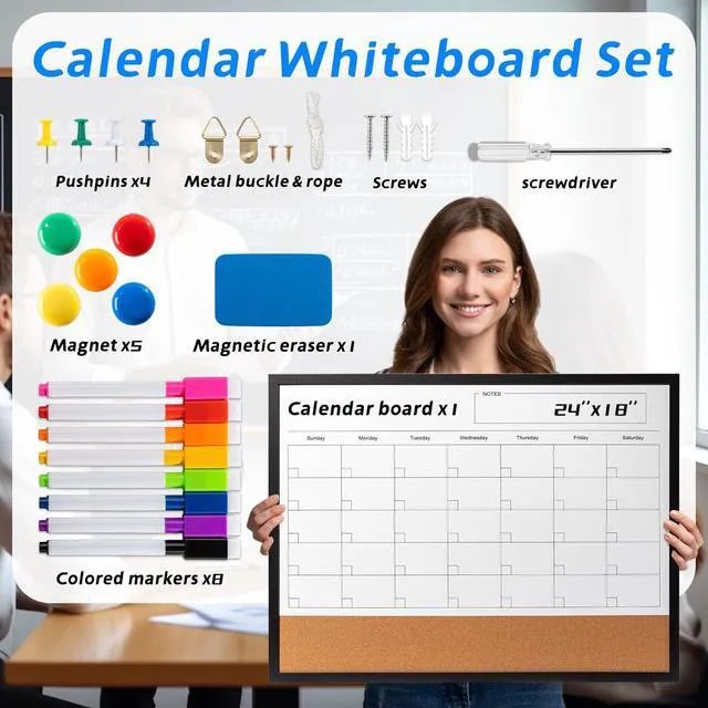 Alt view image 2 of 7 - Dry Erase Calendar Whiteboard, 24" x 18" Magnetic Whiteboard Cork Board Combo, Reusable Monthly Planner with 8 Markers, Eraser, Magnets and Pushpins, Hanging Dry Erase Board for Home, School - Black