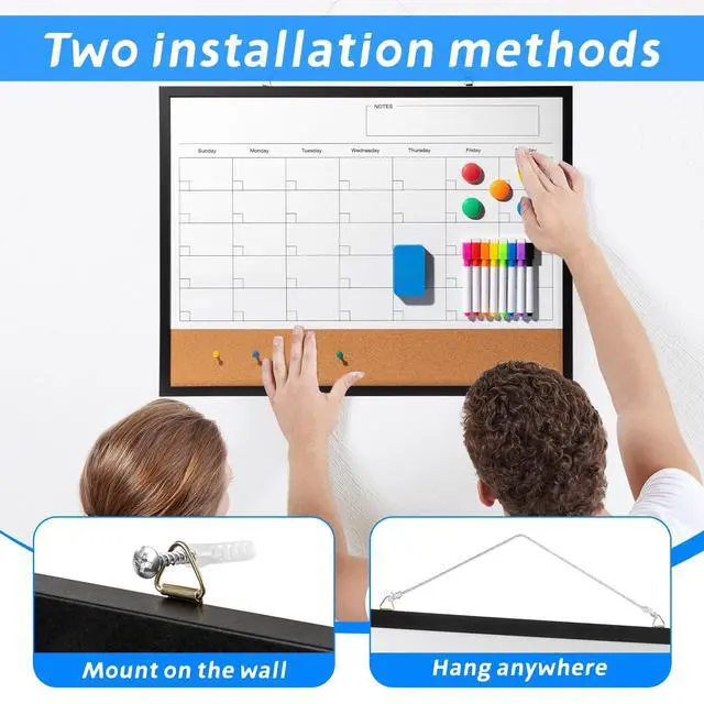 Alt view image 5 of 7 - Dry Erase Calendar Whiteboard, 24" x 18" Magnetic Whiteboard Cork Board Combo, Reusable Monthly Planner with 8 Markers, Eraser, Magnets and Pushpins, Hanging Dry Erase Board for Home, School - Black