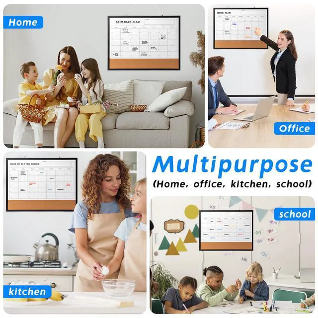 Alt view image 6 of 7 - Dry Erase Calendar Whiteboard, 24" x 18" Magnetic Whiteboard Cork Board Combo, Reusable Monthly Planner with 8 Markers, Eraser, Magnets and Pushpins, Hanging Dry Erase Board for Home, School - Black
