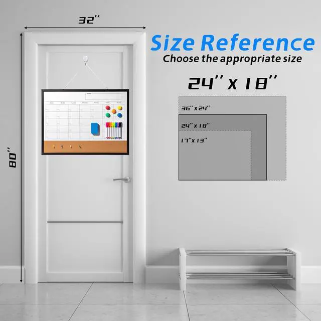 Alt view image 7 of 7 - Dry Erase Calendar Whiteboard, 24" x 18" Magnetic Whiteboard Cork Board Combo, Reusable Monthly Planner with 8 Markers, Eraser, Magnets and Pushpins, Hanging Dry Erase Board for Home, School - Black
