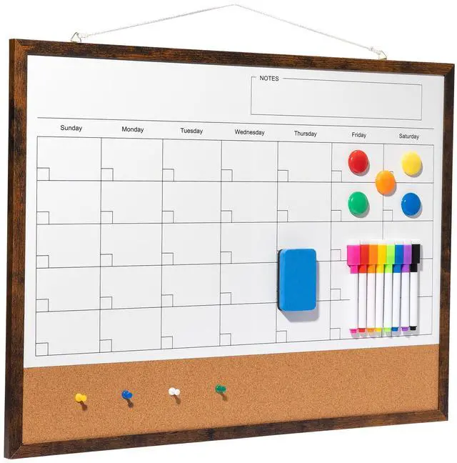 Main image of Dry Erase Calendar Whiteboard, 24" x 18" Magnetic Whiteboard Cork Board Combo, Reusable Monthly Planner with 8 Markers, Eraser, Magnets and Pushpins, Hanging Dry Erase Board for Home, School - Brown