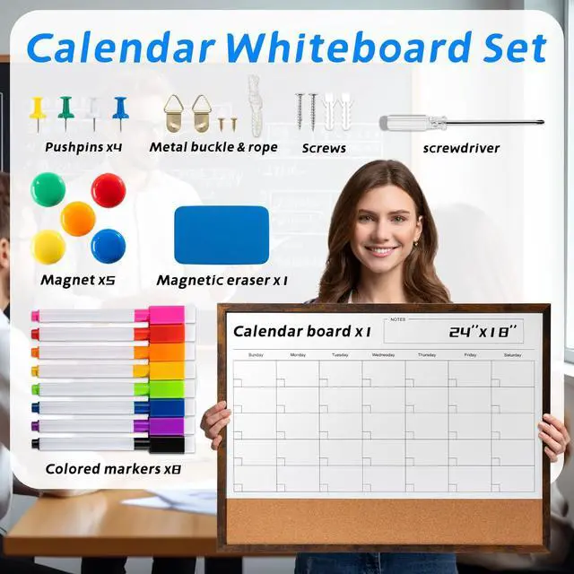 Alt view image 2 of 7 - Dry Erase Calendar Whiteboard, 24" x 18" Magnetic Whiteboard Cork Board Combo, Reusable Monthly Planner with 8 Markers, Eraser, Magnets and Pushpins, Hanging Dry Erase Board for Home, School - Brown