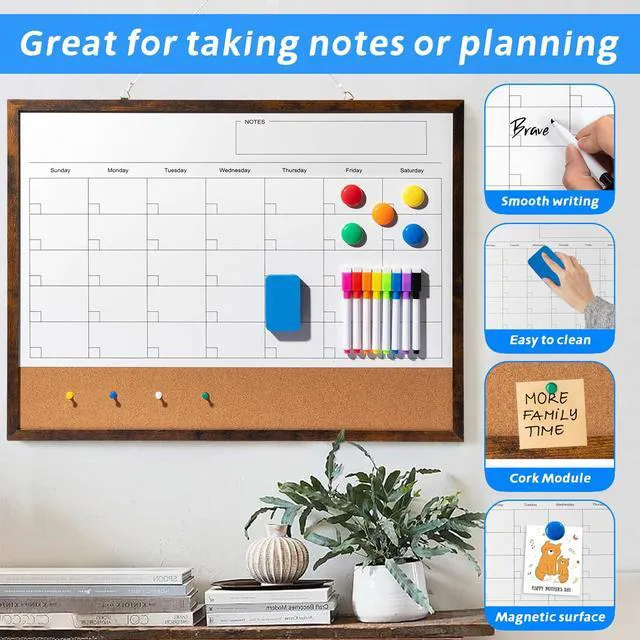Alt view image 3 of 7 - Dry Erase Calendar Whiteboard, 24" x 18" Magnetic Whiteboard Cork Board Combo, Reusable Monthly Planner with 8 Markers, Eraser, Magnets and Pushpins, Hanging Dry Erase Board for Home, School - Brown