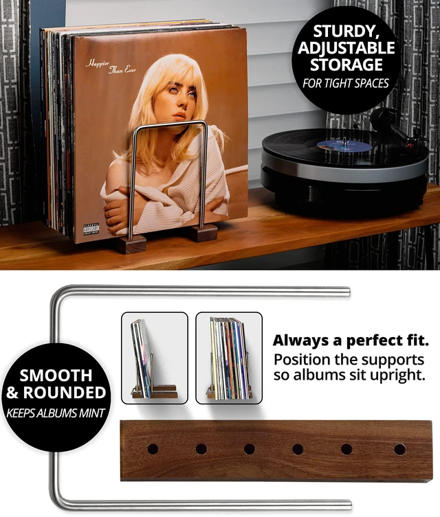 Alt view image 4 of 7 - 35 LP Vinyl Record Storage Holder, Solid Walnut, Adjustable Solid Walnut and Steel, Holds 25-35 LPs, Adjustable Positions, No-Tool Assembly, Non-Slip Base