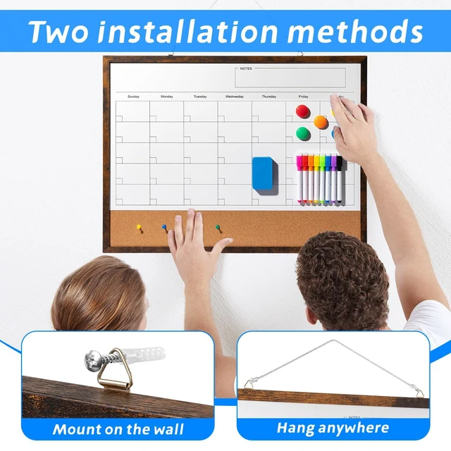 Alt view image 5 of 7 - Dry Erase Calendar Whiteboard, 24" x 18" Magnetic Whiteboard Cork Board Combo, Reusable Monthly Planner with 8 Markers, Eraser, Magnets and Pushpins, Hanging Dry Erase Board for Home, School - Brown