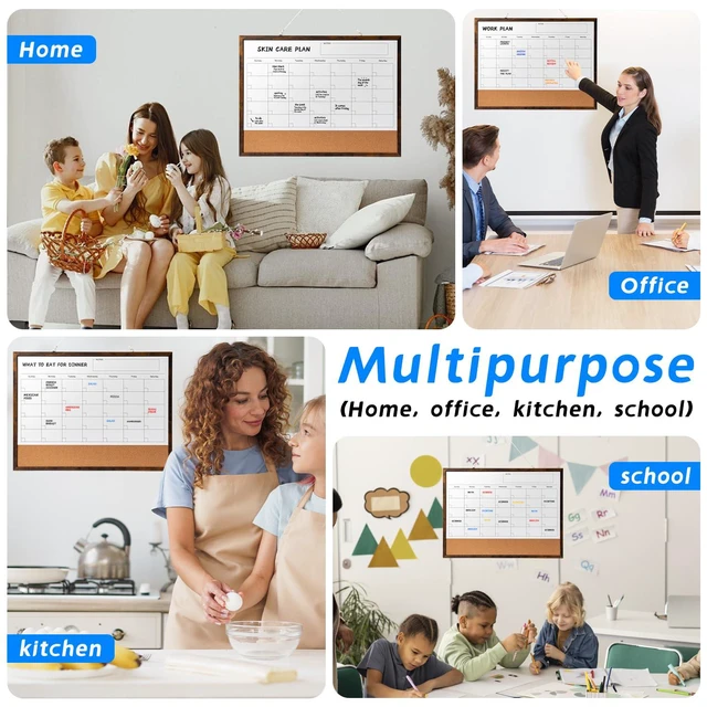 Alt view image 6 of 7 - Dry Erase Calendar Whiteboard, 24" x 18" Magnetic Whiteboard Cork Board Combo, Reusable Monthly Planner with 8 Markers, Eraser, Magnets and Pushpins, Hanging Dry Erase Board for Home, School - Brown